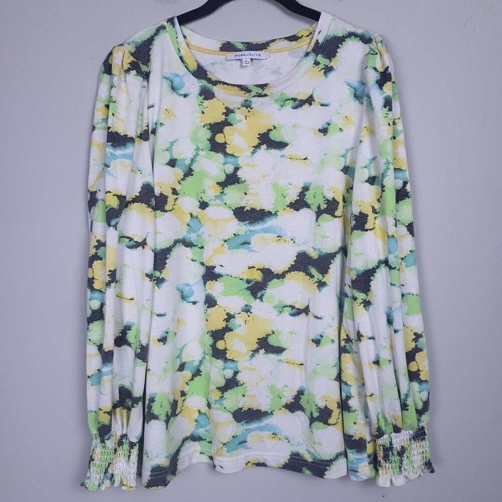 Rose + Olive Womens Tie Dye Sweatshirt Green White Sz Large Long Sleeve Pullover